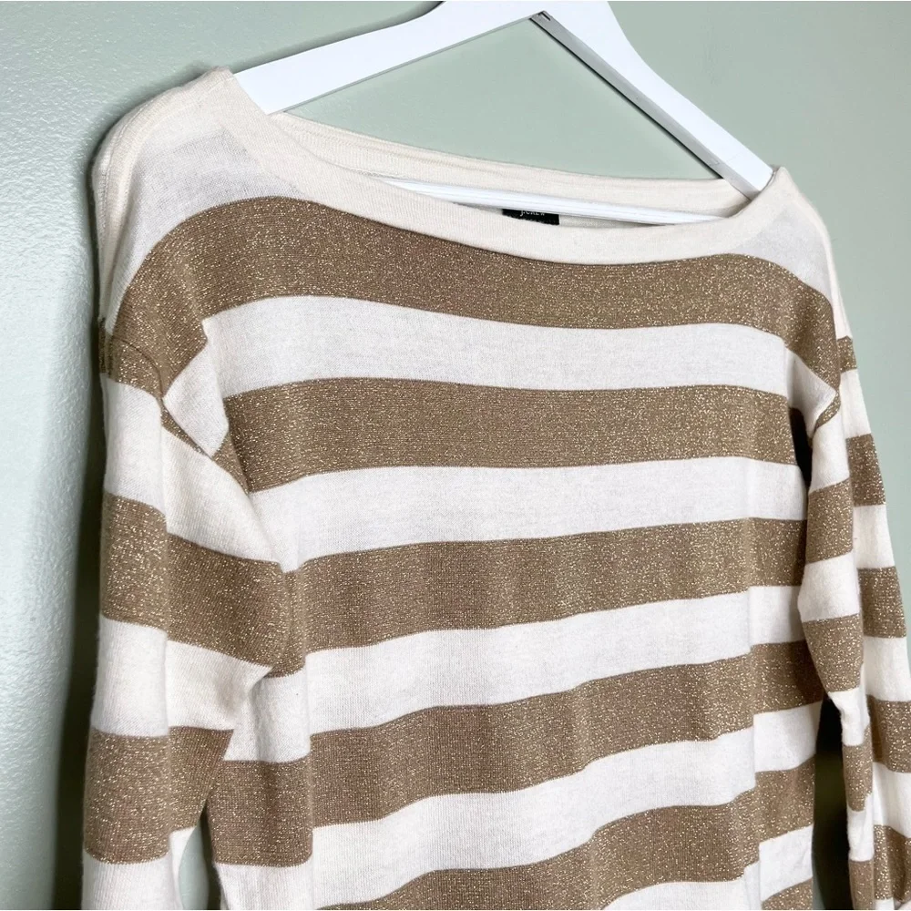 J. Crew Wool‎ Blend Roll Button Long Sleeve Top Striped Gold Shimmer White XS